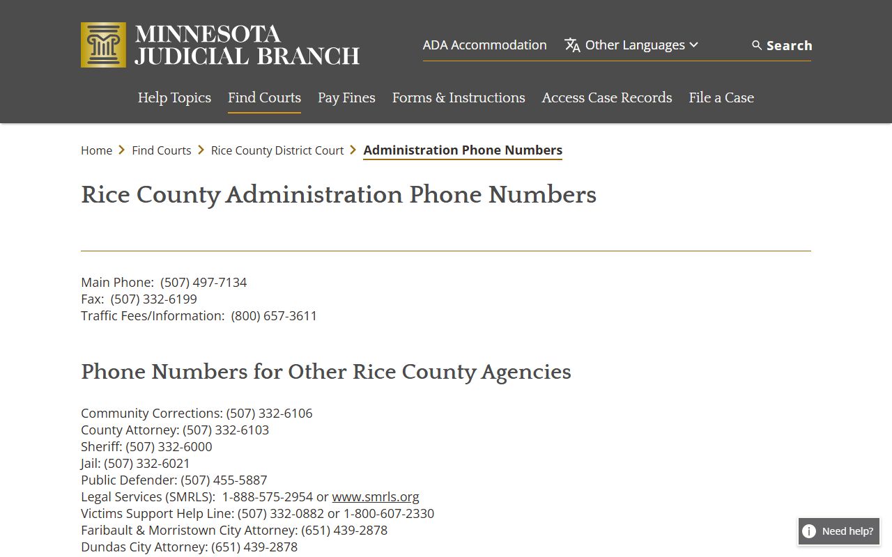 Rice County Court Administrator District Court contact numbers