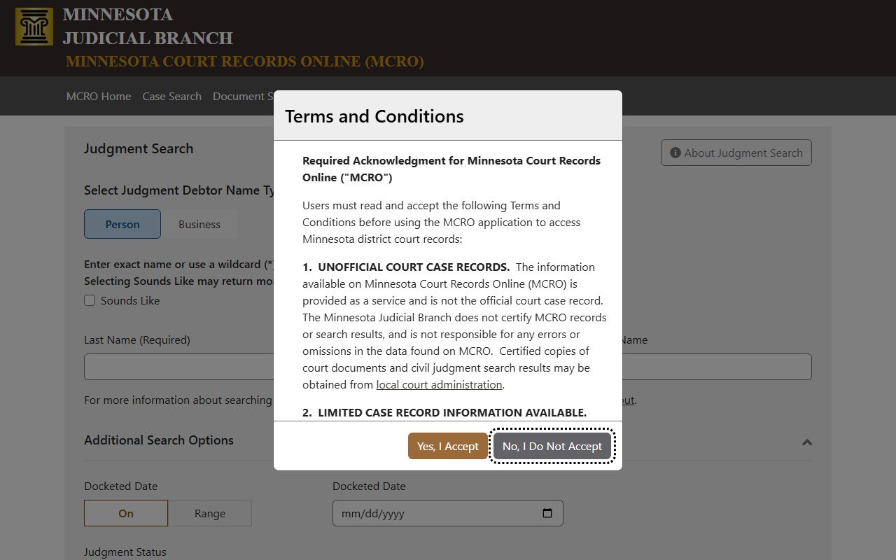 Rice County court records MCRO Judgment Search screen