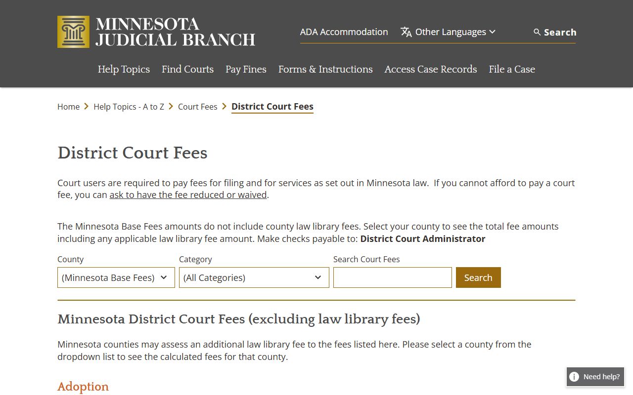 Rice County court records District Court fee schedule