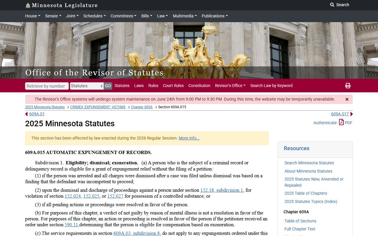 Rice County criminal court records automatic expungement statute