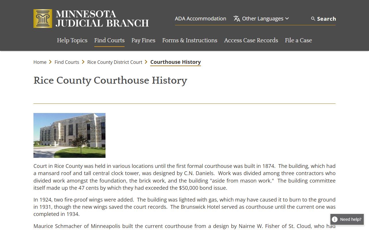 Rice County District Court courthouse history page