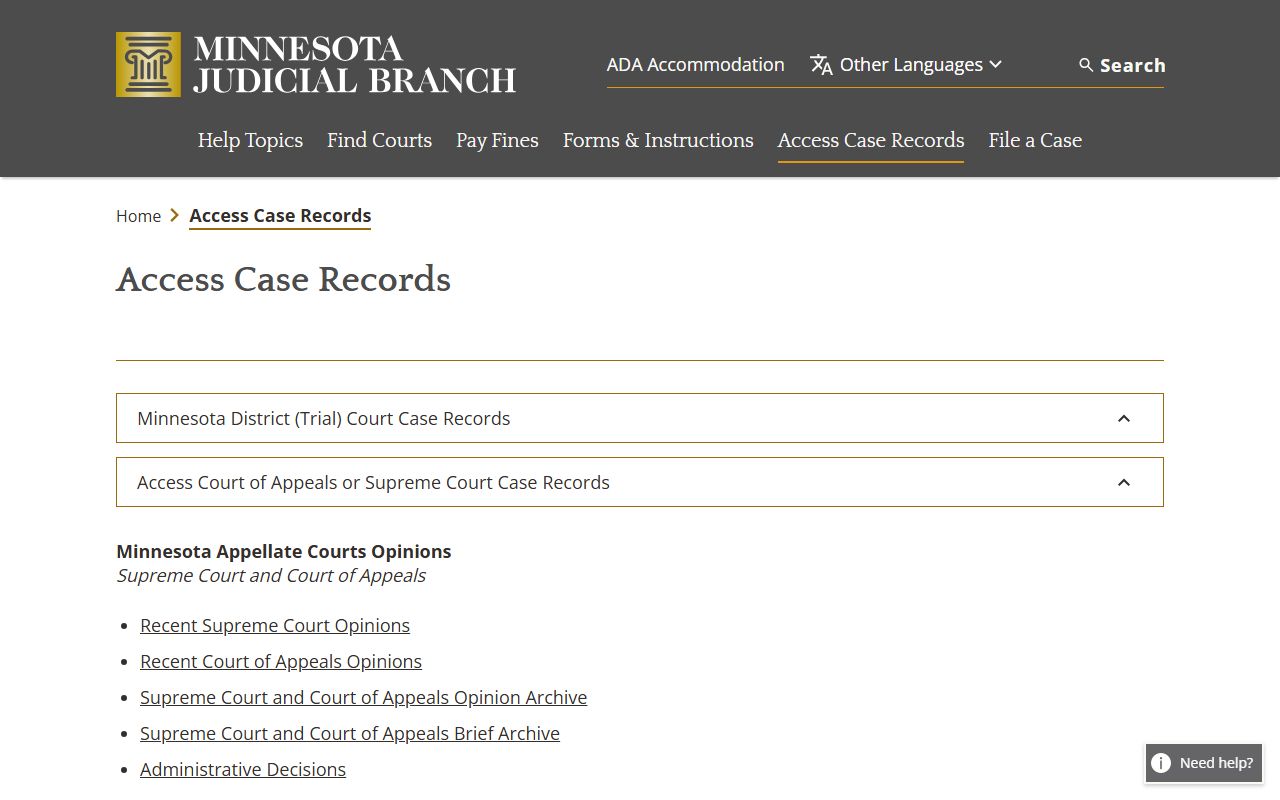 Rice County court records Minnesota Judicial Branch access page