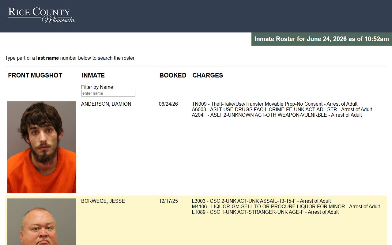 Rice County inmate records jail roster search screen