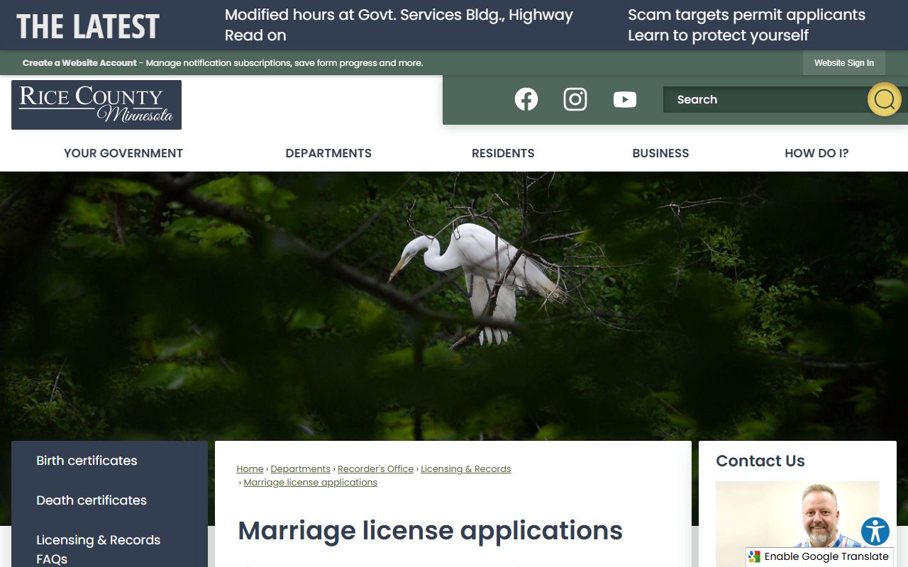 Rice County marriage records license application page