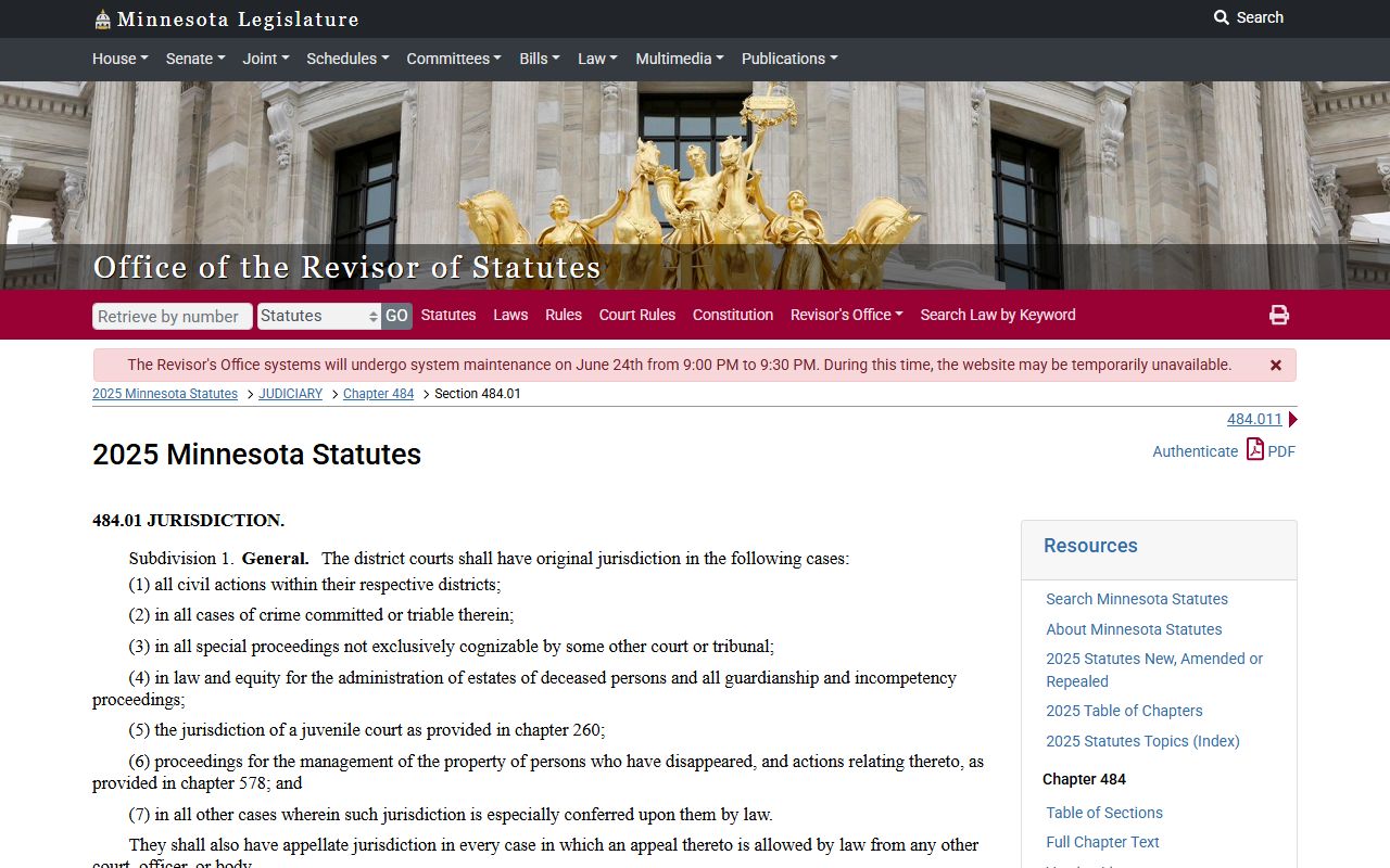 Rice County probate records Minnesota District Court jurisdiction statute